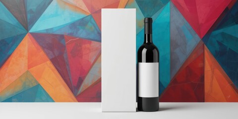 A black wine bottle with a white label stands beside a box against a multicolored geometric background—expressing modernity, minimalist design, and visual appeal