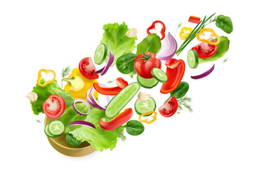 Realistic salad ingredients. 3d vegetables air fly, falling slices fresh vegetable explosion tomato cucumber onion flying cut cooking vegetarian food, exact vector illustration
