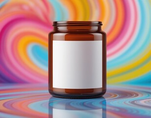 A brown glass bottle with a white label sits atop a swirling rainbow-patterned background—highlighting minimalist style and visual brightness, perfect for branding or modern cafe themes