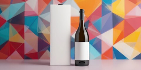 A black wine bottle with white label placed beside a white box against a geometric backdrop in blue, yellow, pink, and orange—conveying vivid minimalism and modern product styling