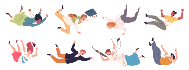 Fotobehang Falling fly people. Young man woman free fall down, person flying poses floating in sky air jumping guy girl teenager characters freedom imagination classy vector illustration © ssstocker