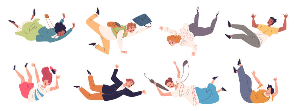 Falling fly people. Young man woman free fall down, person flying poses floating in sky air jumping guy girl teenager characters freedom imagination classy vector illustration