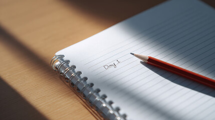 Day 1 written on notebook with pencil ready to start school work in morning light creating fresh and hopeful atmosphere