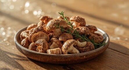 Fototapeta premium A rustic bowl filled with shiitake mushrooms and garnished with fresh rosemary on a wooden table top