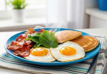 A plate of pancakes, bacon, eggs, and spinach is on a table