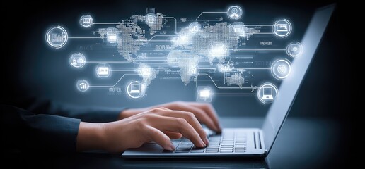 Hands typing on a laptop, surrounded by global digital network interface elements