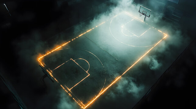 Top-down View of Dimly Lit Basketball Court with Neon Lines