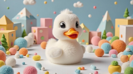 Cute fluffy duck sits in colorful town of candy toys, springtime