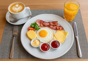 A breakfast plate with coffee, juice, bacon, egg, and cheese on a table