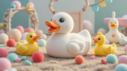 Rubber Ducks Surrounded by Easter Eggs on a Fluffy Rug