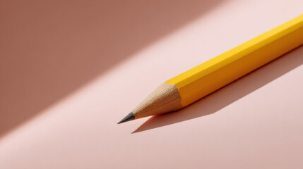Yellow pencil close up on pink surface with soft shadow start school concept for creativity and writing tools