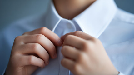 Boy start to button white shirt at school preparing for day with focus and care in close up view of hands and collar