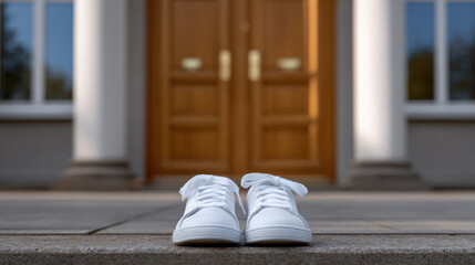 White sneaker shoes placed on ground in front of school entrance ready to start new day with fresh energy and style