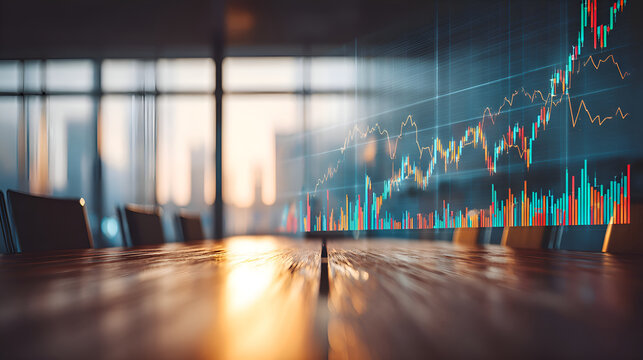 Stock market chart showing growth and success in business meeting room