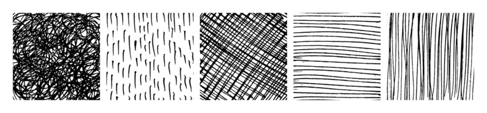 Set of monochrome hand-drawn crosshatch textures