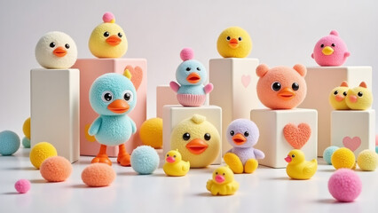 Cute plush toys of stylized animals against a light background.