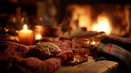 Cozy Burns Night Supper in a Traditional Scottish Cottage with Warm Lighting and Kilts