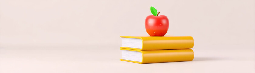 School start concept with red apple on yellow book stack on light background inspiring education and learning