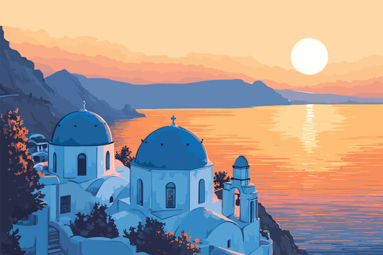 Pastel Santorini Caldera Sunset Greece isolated