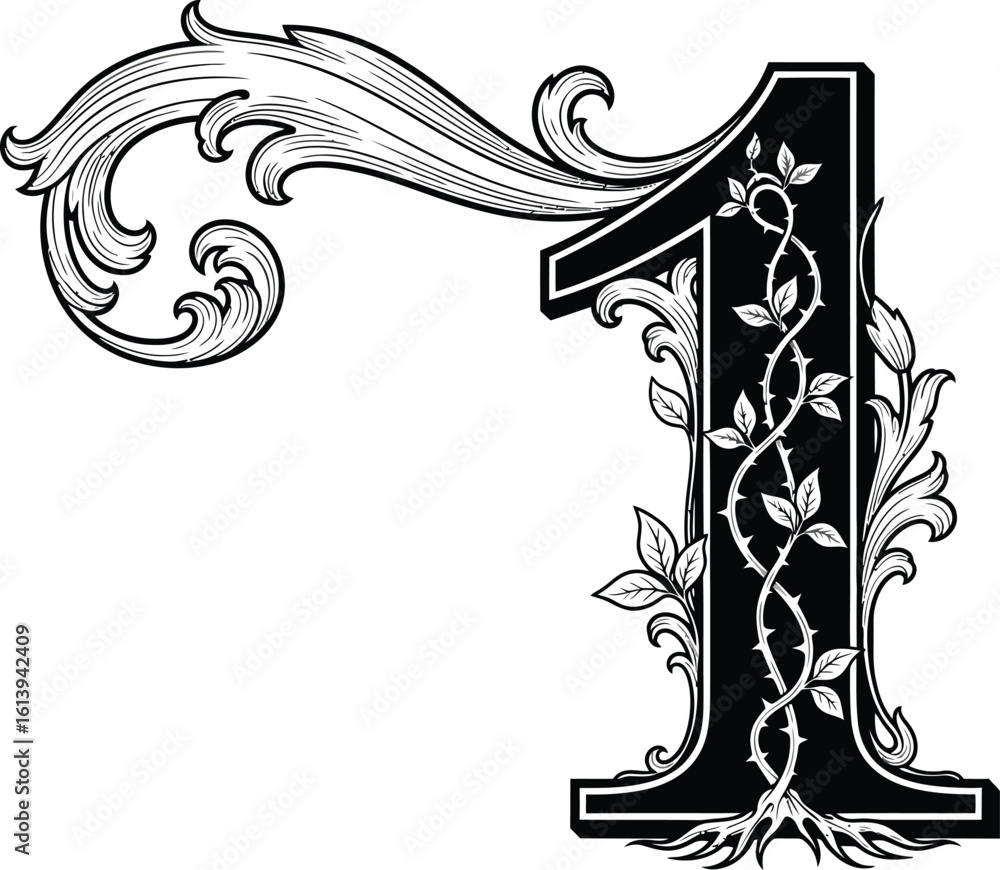 Poster decorative number one vector illustration with floral elements for graphic design use vector
