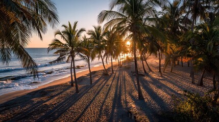   A stunning beach view, with palms swaying in the breeze, sun setting over the horizon, and endless ocean in the backdrop