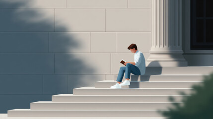 Young person sits on school steps reading book at start of day with calm light and shadow creating peaceful mood