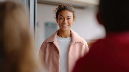 Young woman smiling indoors school start moment with friends happy casual clothing natural light