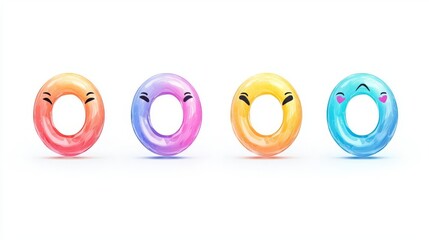 Four colorful inflatable pool rings with happy faces, ideal for summer fun and water sports.