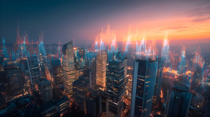 Illuminated skyscrapers rising above cityscape at sunset with abstract data analysis