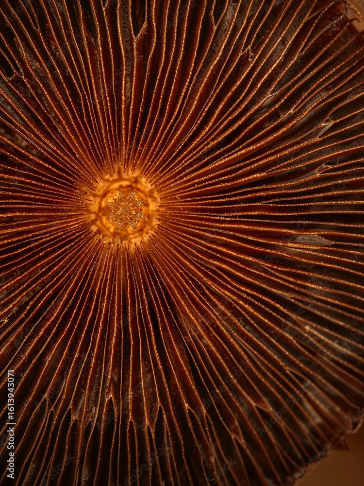 Poster a macro shot of a mushroom cap showing the gills radiating from the center with warm light shining t
