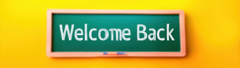 Welcome start school message on green chalkboard with wooden frame on yellow background for new school year beginning