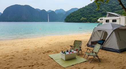Beach picnic with foldable chairs, mat, icebox full of drinks, campervan and small tent parked on sand, clear blue ocean, distant mountains