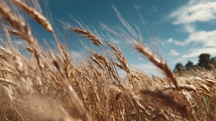 Fototapeta premium A crop of wheat in focus, set against a backdrop of azure skies and billowing white clouds