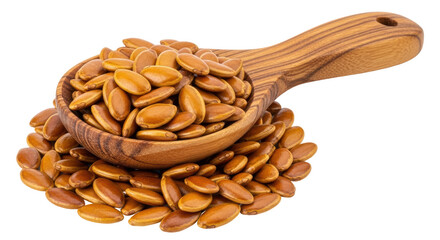 Isolated Wooden Spoon with Golden Flax Seeds