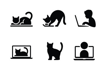 Obraz premium Black cat silhouettes interacting with technology and a person using a laptop vector