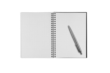 Checkered notebook with a pen and spiral binding on a white backdrop/ great for creative notes, art...