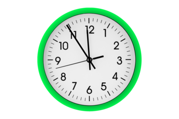 Green watch, wall clock 11 hours 45 minutes on isolated or white background close up