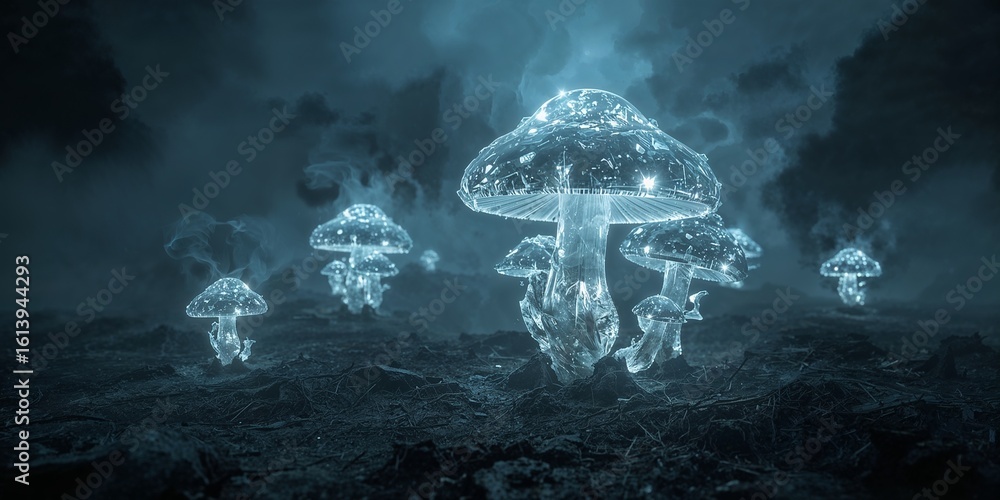 Poster a group of translucent mushrooms glowing in a dark environment with a cloudy and mysterious backgrou