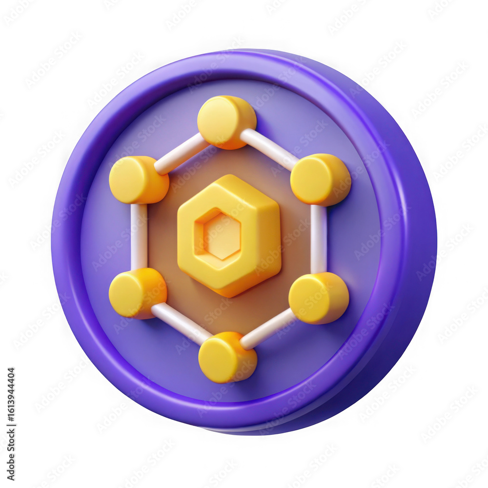 Poster 3d abstract hexagonal network symbol with purple outer ring isolated on transparent background