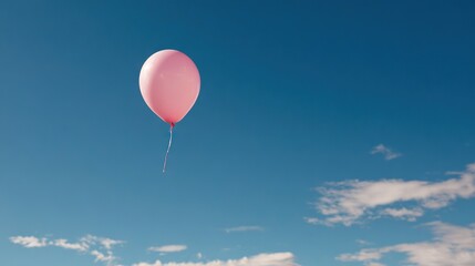 Fototapeta premium A pink balloon floats in a clear blue sky with several white clouds in the distance