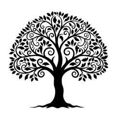 Decorative black tree silhouette with swirling branches isolated on transparent background