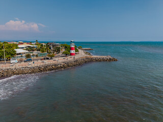Beautiful aerial and coastal views of Puntarenas, Costa Rica — featuring the iconic red-and-white...