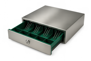Metallic cash register drawer open, displaying green money compartments and metal clips against transparent backdrop