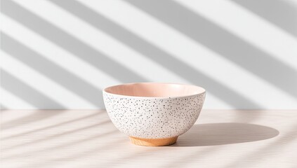 Empty light pink speckled bowl on a light beige surface with sun shadows