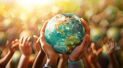 Celebrating global unity on international day of democracy with diverse hands holding the earth. Horizontal banner. Copy space