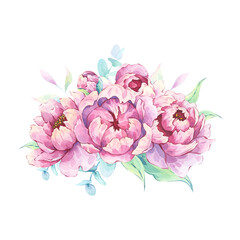 Pink peonies with eucalyptus branches painted in watercolor. Hand-drawn illustration. Ideal for textile designs, greeting cards, and feminine stationery