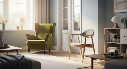 Cozy living room with stylish green armchair and modern decor in soft lighting
