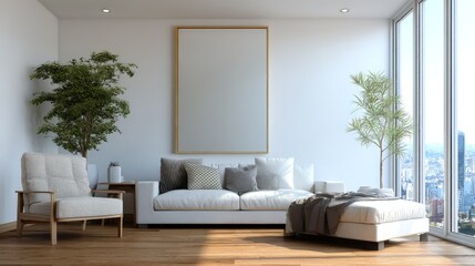 Modern minimalist living room with large window and city view