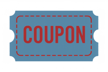 Blue coupon with red text on a transparent background, ideal for representing discounts and promotions
