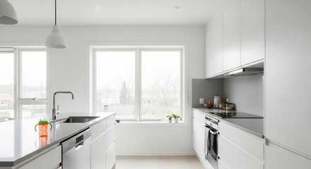 Modern white kitchen interior with a large window and minimalist design